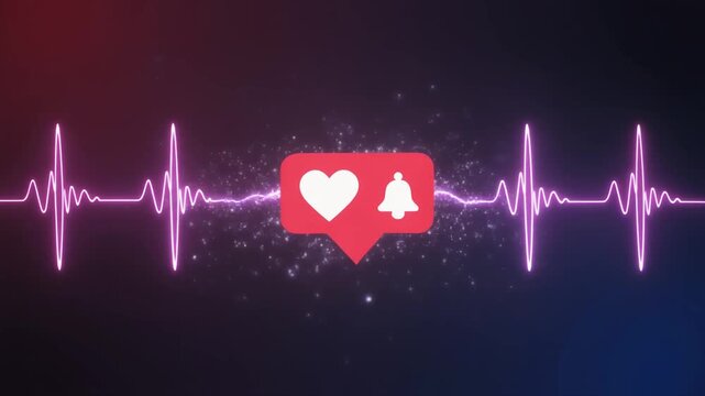 energy pulse like & notification animation, glowing hearts and notification bell icons emitting subtle energy waves and particle streaks, futuristic social media interface style, smooth cinematic moti