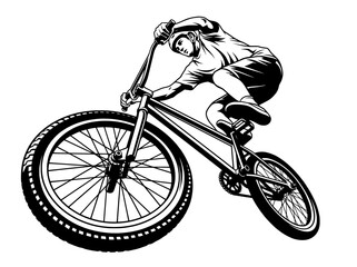 Obraz premium A dynamic black and white illustration depicts a BMX rider in mid action performing a stunt. The rider is shown leaning into a turn, with their body angled and legs bent, suggesting intense motion