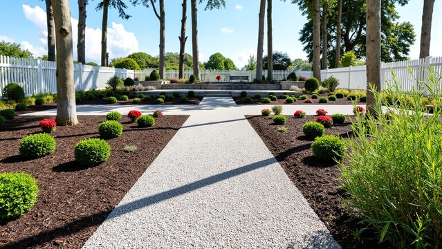 A well-maintained garden area featuring a paved pathway, trellis structure, and landscaped shrubs. A quiet place for relaxation or social gatherings.