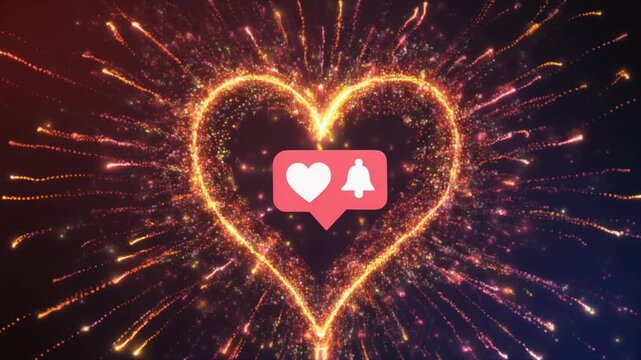 energy burst like & notification animation, glowing hearts and ringing bell icons forming dynamic energy waves with particle effects, futuristic social media interface design, smooth cinematic motion 