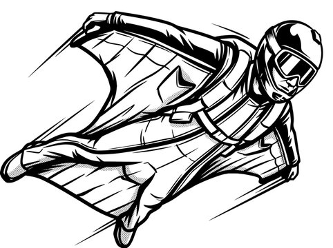 A dynamic illustration depicts a person engaged in extreme sports, specifically wingsuit flying. The figure is captured mid flight, descending with their arms extended to the sides, creating a sense