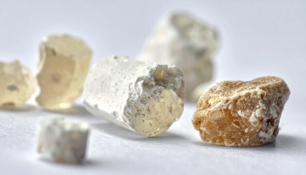 Close-up macro photography of natural amber resin or fossilized sap pieces on a white background