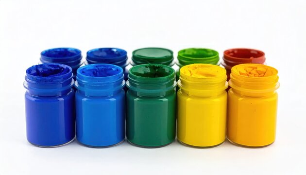 Colorful paint pots arranged in rows against a clean white background studio shot
