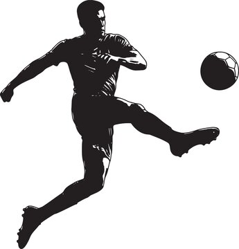 Dynamic soccer player silhouette kicking ball with powerful motion captured in action ideal for sports advertisements and athletic event promotions.