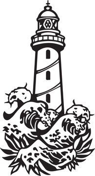 A striking illustration of a lighthouse, standing tall amidst powerful waves, guiding ships safely through the storm.