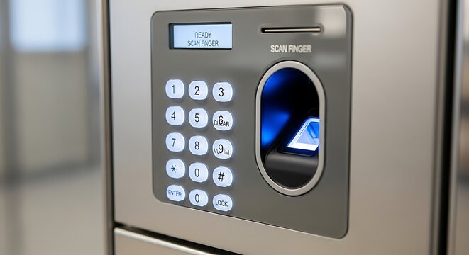 Digital keypad with fingerprint reader on metal door for secure access control systems in buildings