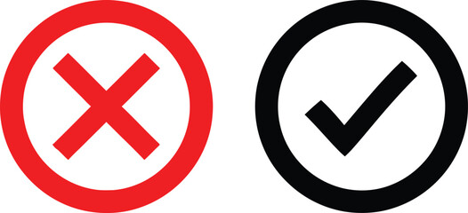 Obraz premium Red x mark and black check mark icons in round frames Vector