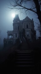 Obraz premium Old abandoned Victorian mansion sits on a foggy hill under pale moonlight. A spooky gothic house with dark trees and dense mist creates a chilling atmosphere.