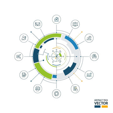 Abstract Digital Technology Hub with Connected Icons on White Background