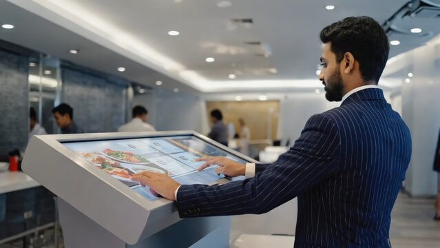 Business executive interacting with a digital menu kiosk, showcasing modern restaurant technology and customer experience.