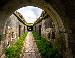 Obraz premium Abandoned stone passageway with archway entrance.