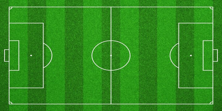 The image shows a top-down view of a soccer pitch with a vibrant green, striped grass texture. It features clear white markings that detail all the essential zones and lines for a football match.
