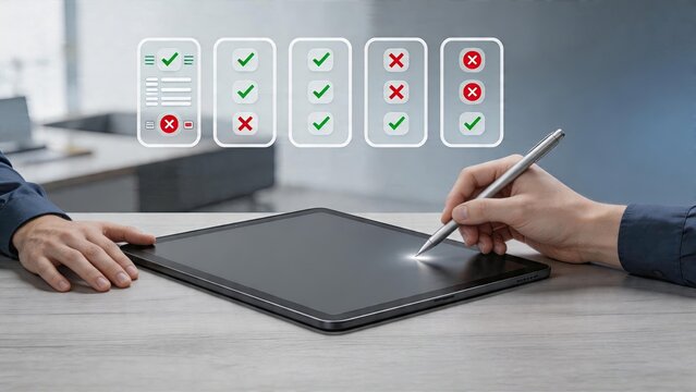 Business man using digital tablet with stylus pen evaluating online checklist options selecting correct answers with green check marks and rejecting wrong choices with red cross