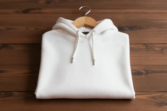 Blank white hoodie hangs on wooden wall. Simple plain sweatshirt mockup for design. Casual warm upper wear for print. Empty garment ready for branding.