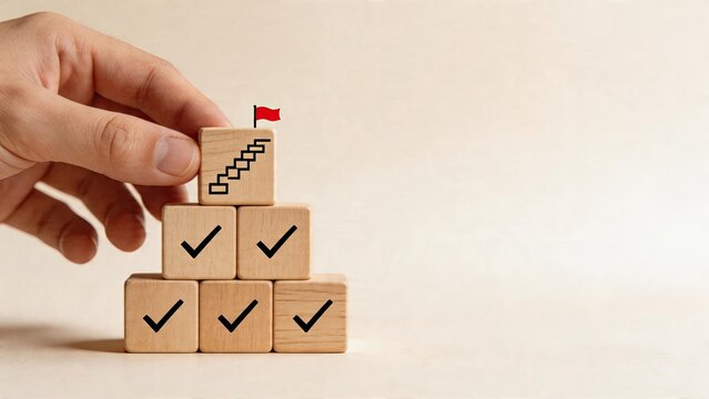 Business man building wooden blocks with success steps goal achievement planning strategy growth development teamwork education learning management leadership project work office