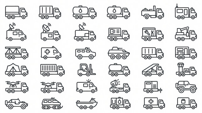 Military Logistics Vehicle Icon Set Army Transport Truck Equipment Line Vector Collection Transparent Background