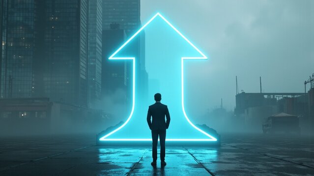 The figure stands resolute in the rain, facing a glowing upward arrow symbolizing aspiration and growth.