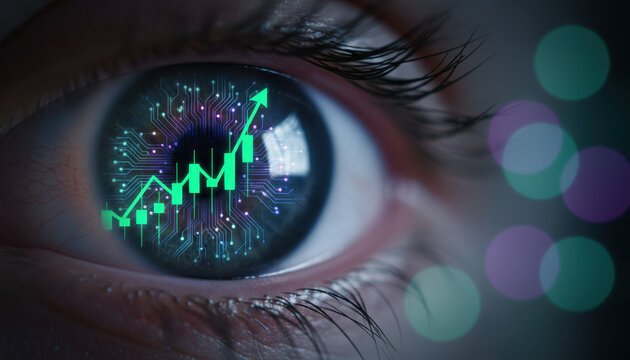 Futuristic close up human eye with green stock chart and circuit pattern, optimistic insight