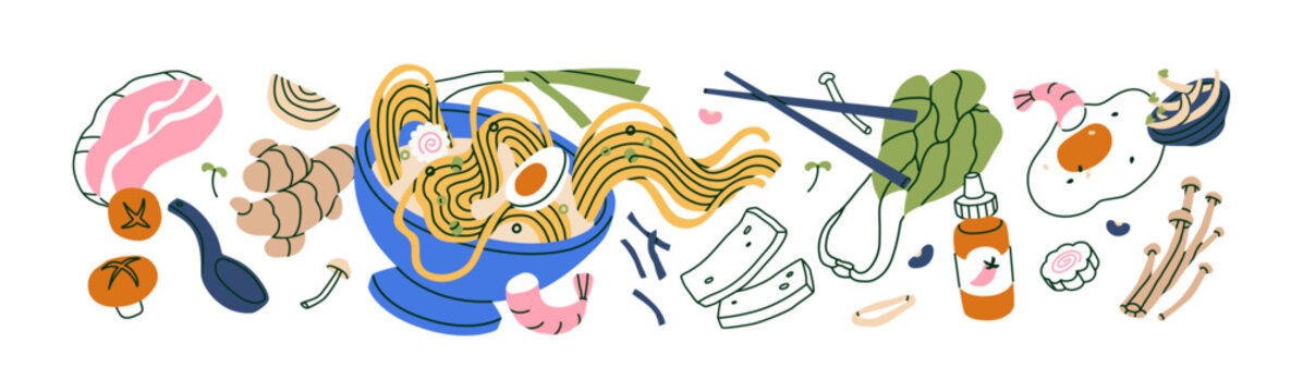 Asian soup and flying ingredients for cooking, composition. Ramen dish, Japanese meal in bowl with noodles, mushrooms, egg, spices and chopsticks. Flat vector illustration isolated on white background