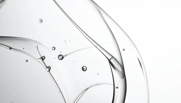 Abstract macro shot of clear liquid with air bubbles forming curves against a clean white background