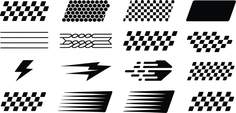 Racing vector collection, race car stripe designs with checkered flags finish lines motocross labels and speed motion elements for automotive and motorsport graphics.