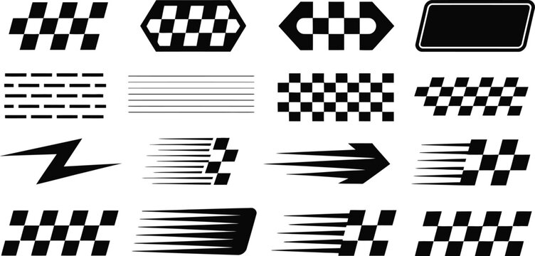 Racing vector collection, race car stripes checkered flags finish line motocross labels tuning stickers and dynamic speed motion graphics for motorsport design.