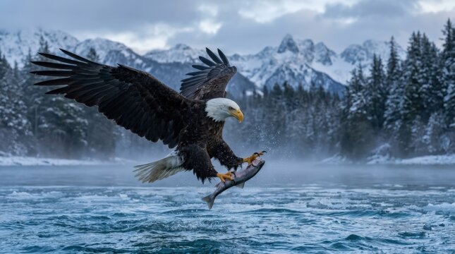 Bald eagle grabbing prey with talons extended in Alaska, dramatic raptor action, wilderness and wildlife power concept for nature editorials and conservation storytelling, dynamic motion over cold