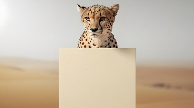 Cheetah peers over a blank square sign placed prominently in the middle of a sandy desert landscape.