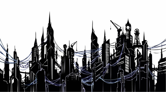 A striking anime style silhouette of a sprawling cityscape with complex structures.