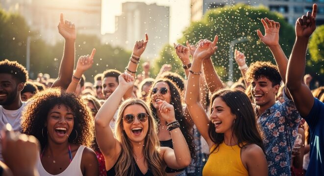 Diverse crowd of young people enjoying a summer music festival outdoors with hands raised in excitement.