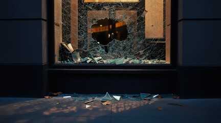 Broken shop window glass shards trash sidewalk. Dark exterior building with smashed storefront suggests crime scene. Urban vandalism aftermath outside business.