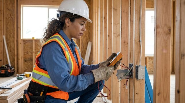 Latina female electrician in a hard hat and hi-vis vest checking wiring on a residential project