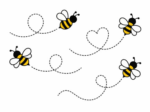 Cute bees flying in dotted lines, minimalist illustration for World Bee Day