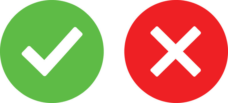 Green check mark and red cross sign icons for true or false choice Vector
