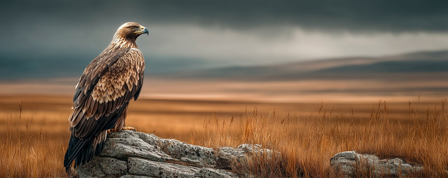 majestic steppe eagle perched on ancient rock scanning hunting grounds under cloudy sky