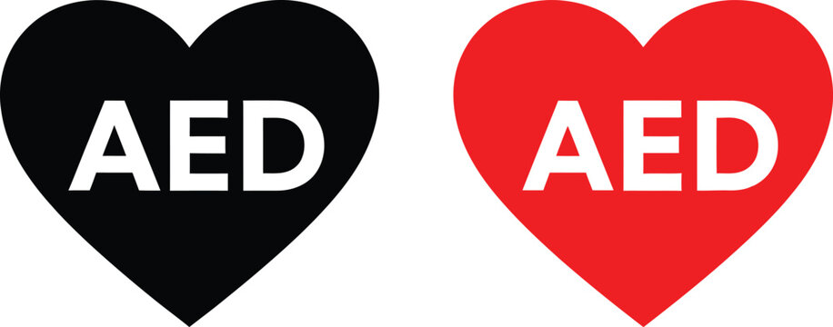 Black and red heart shapes with aed text symbol icon set Vector