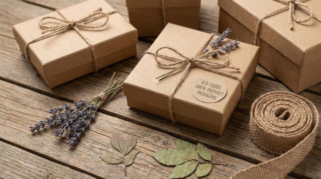 Kraft paper boxes, hemp string and natural materials on a wooden table, sustainable packaging concept