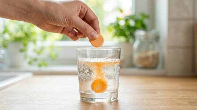 Hand dropping two orange effervescent tablets into a glass, close up vitamin and wellness concept for supplements, hydration, healthcare and product advertising, clean composition, photorealistic,