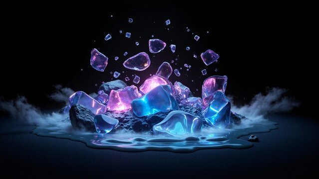 Purple and blue crystal shards with a sparkling effect as if they are exploding into ice pieces, magical and fantasy-like scene.