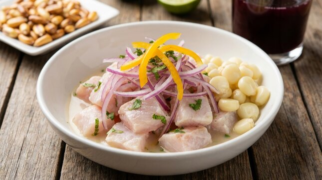 Peruvian ceviche with white fish, lime, red onion, aji amarillo, coriander and choclo corn