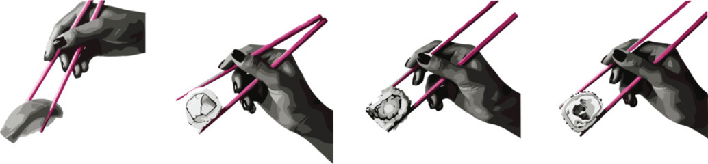 Japanese Sushi Culture Vector Illustration Set Featuring Hands Holding Chopsticks Eating Nigiri and Maki Rolls for Asian Restaurant Menu Design © Lipi