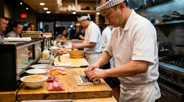 Sushi chef rolling a maki on a wooden block with fish and rice, skilled culinary craft