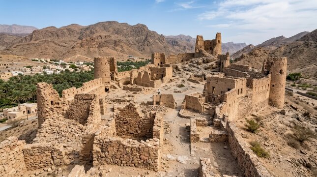 Ruins of ancient Tanuf castle fortification in Tanuf, Oman, archaeological heritage, desert travel and historic architecture concept for tourism campaigns and editorial storytelling, weathered stone