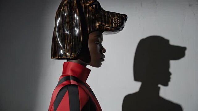 Fashion model showcases unique dog headpiece. Artistic expression highlights creativity in modern fashion. Bold design captures attention and evokes curiosity.
