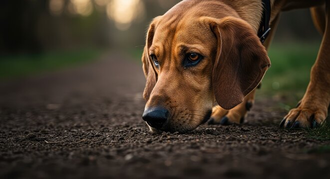 A determined hound nose to the damp earth, showcasing its powerful instinct for tracking subtle odors across the rough landscape ,nose ,alertness ,sporting