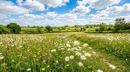 Obraz premium Spring and summer meadow with daisies against bright blue sky and white clouds, cheerful natural landscape with fresh floral charm and strong appeal for wellness, countryside and seasonal branding