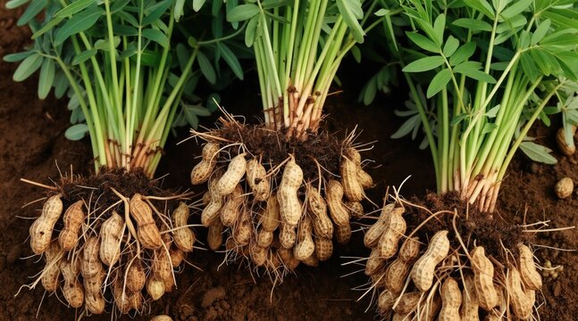 Three peanut plants with ripe pods attached to roots are shown pulled from dark soil. Green leaves and stems are vibrant. Harvested crop displays pods on extensive root systems.
