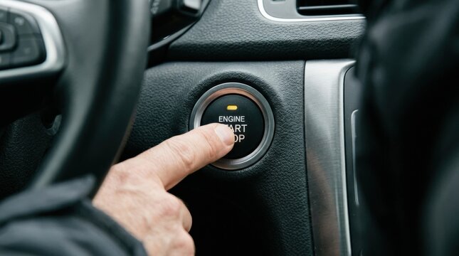 Male hand pressing car engine start button, automotive control and ignition concept for transport, driving, dashboard technology and modern vehicle interface, close up interior detail, photorealistic,