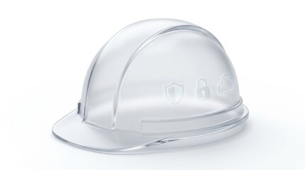 Fototapeta premium worker safety construction helmet, sleek glassmorphism object for app UI, fintech, security, cloud tools and digital branding, isolated on white background, glossy form, minimal commercial style,