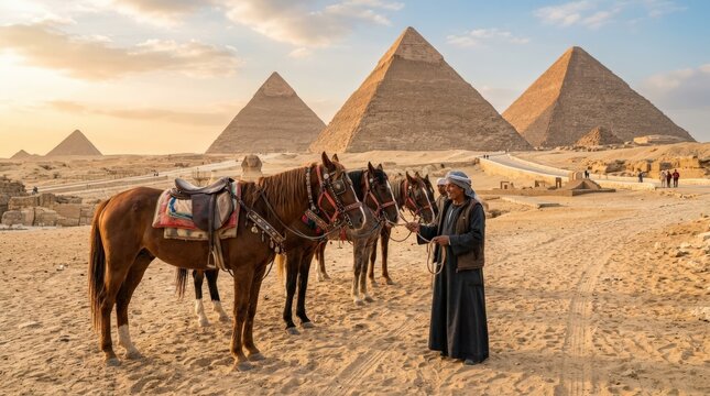 Horses standing near the pyramids in Egypt, striking cultural travel scene with desert animals, ancient monuments and timeless atmosphere for tourism and heritage themes, warm natural light, realistic
